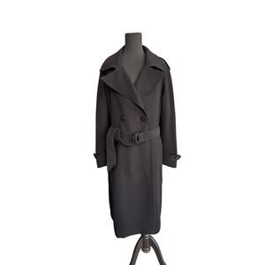 Womens Mycra Pac One long black trench coat - belted waist - size 1 S/M